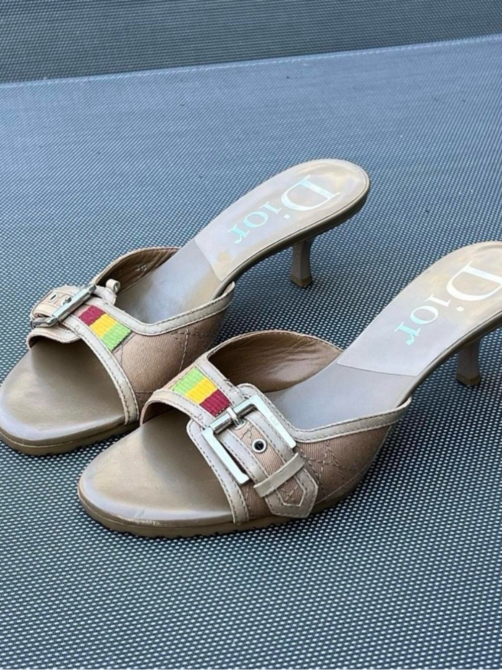 Vintage 2004 Dior Rasta Beige Leather Slide Mules with Multicolor Stripe